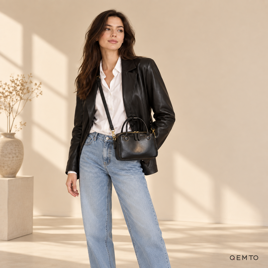 QEMTO Talia Boston Bag in Black full-grain cowhide leather, worn by model