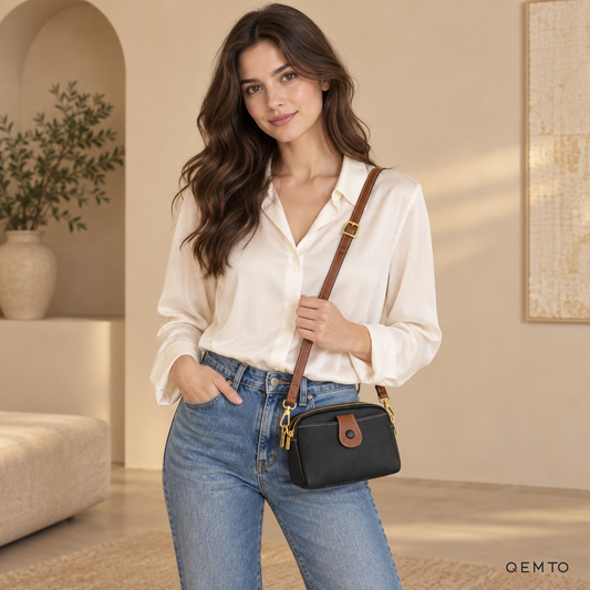 QEMTO Ivy Camera Bag in Black, worn crossbody by a model