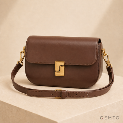 QEMTO Livia shoulder bag in coffee split leather with gold-tone push-lock clasp