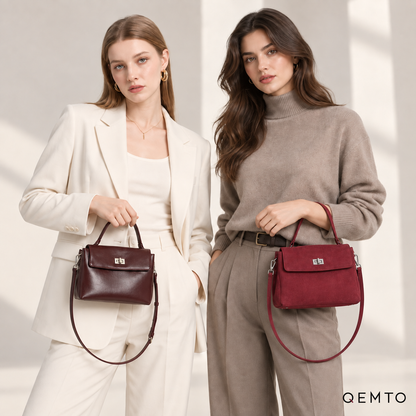 QEMTO Vera Top-Handle Bag in leather and suede — campaign hero shot with two models