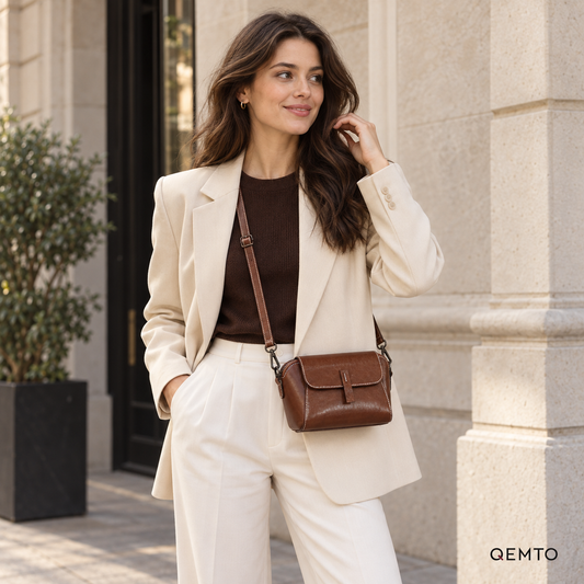 QEMTO Nora Crossbody Bag worn crossbody by a model in a cream blazer