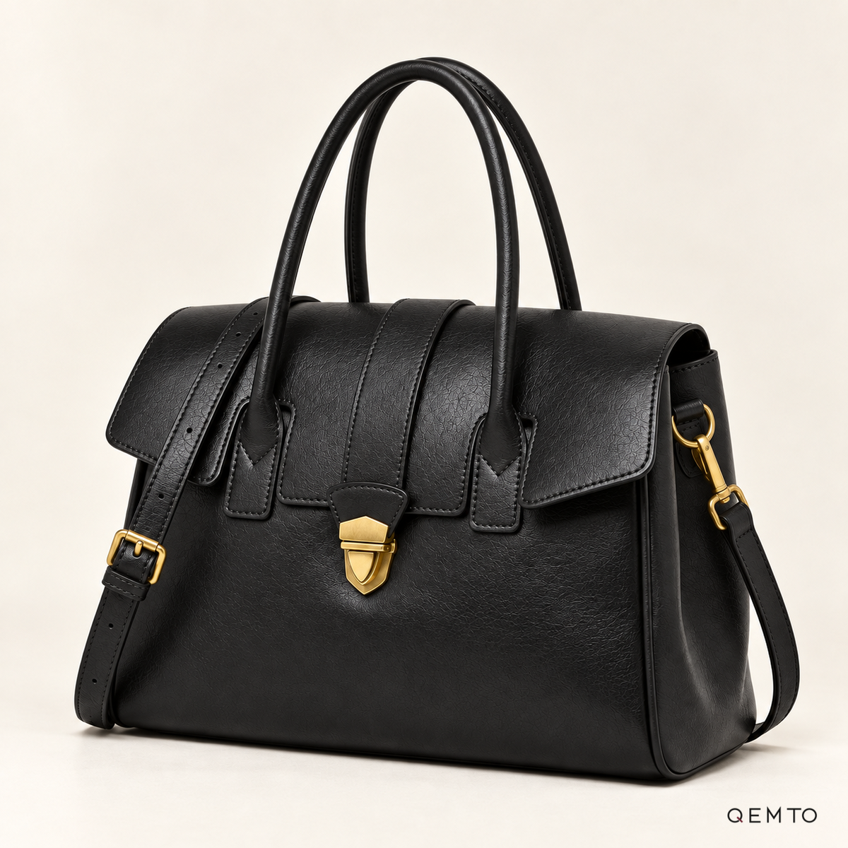 QEMTO Elise Satchel Bag in Black leather, studio shot