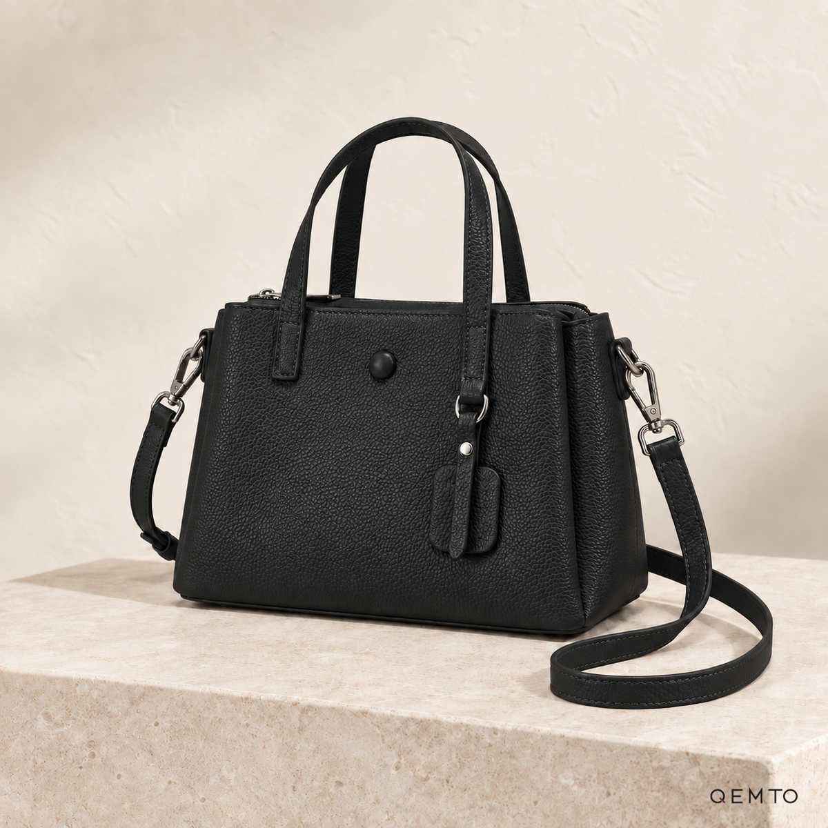 QEMTO Nadia Tote Bag in Black leather