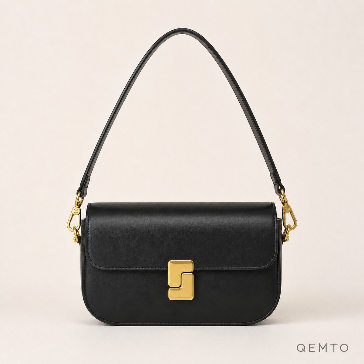 QEMTO Livia shoulder bag in black split leather with gold-tone push-lock clasp