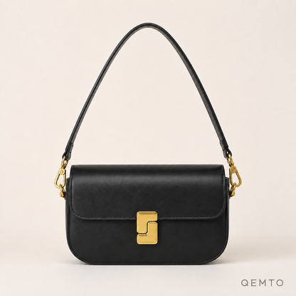 QEMTO Livia shoulder bag in black split leather with gold-tone push-lock clasp