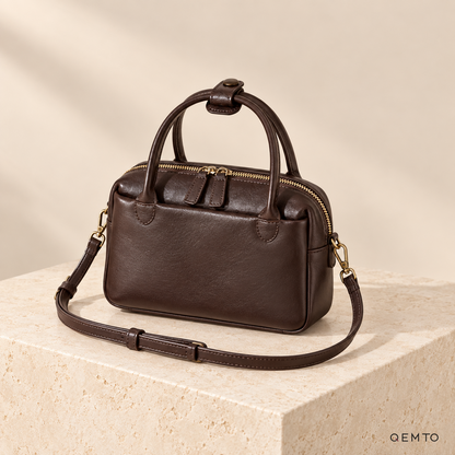 QEMTO Talia Boston Bag in Coffee full-grain cowhide leather, studio shot