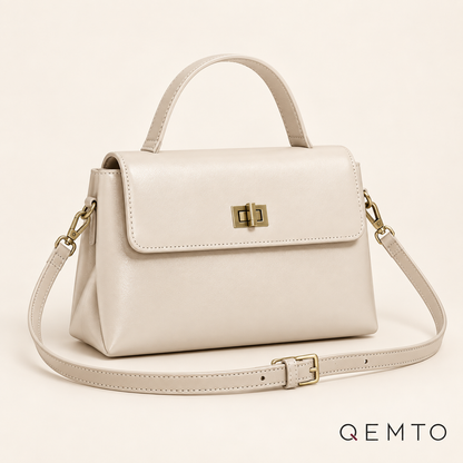 QEMTO Vera Top-Handle Bag in beige leather — front product view