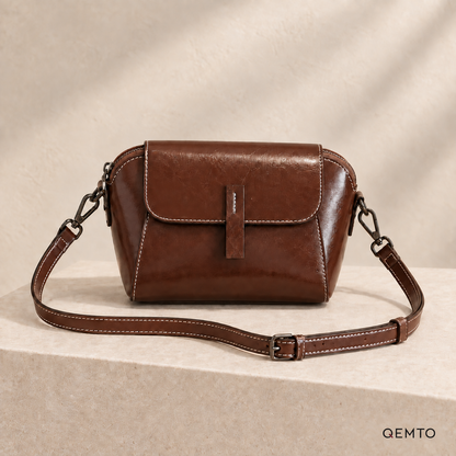 QEMTO Nora Crossbody Bag in Coffee — front product view