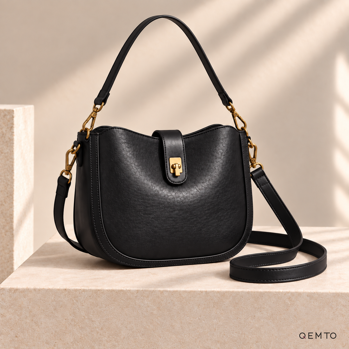 QEMTO Isla Hobo Bag in Black leather