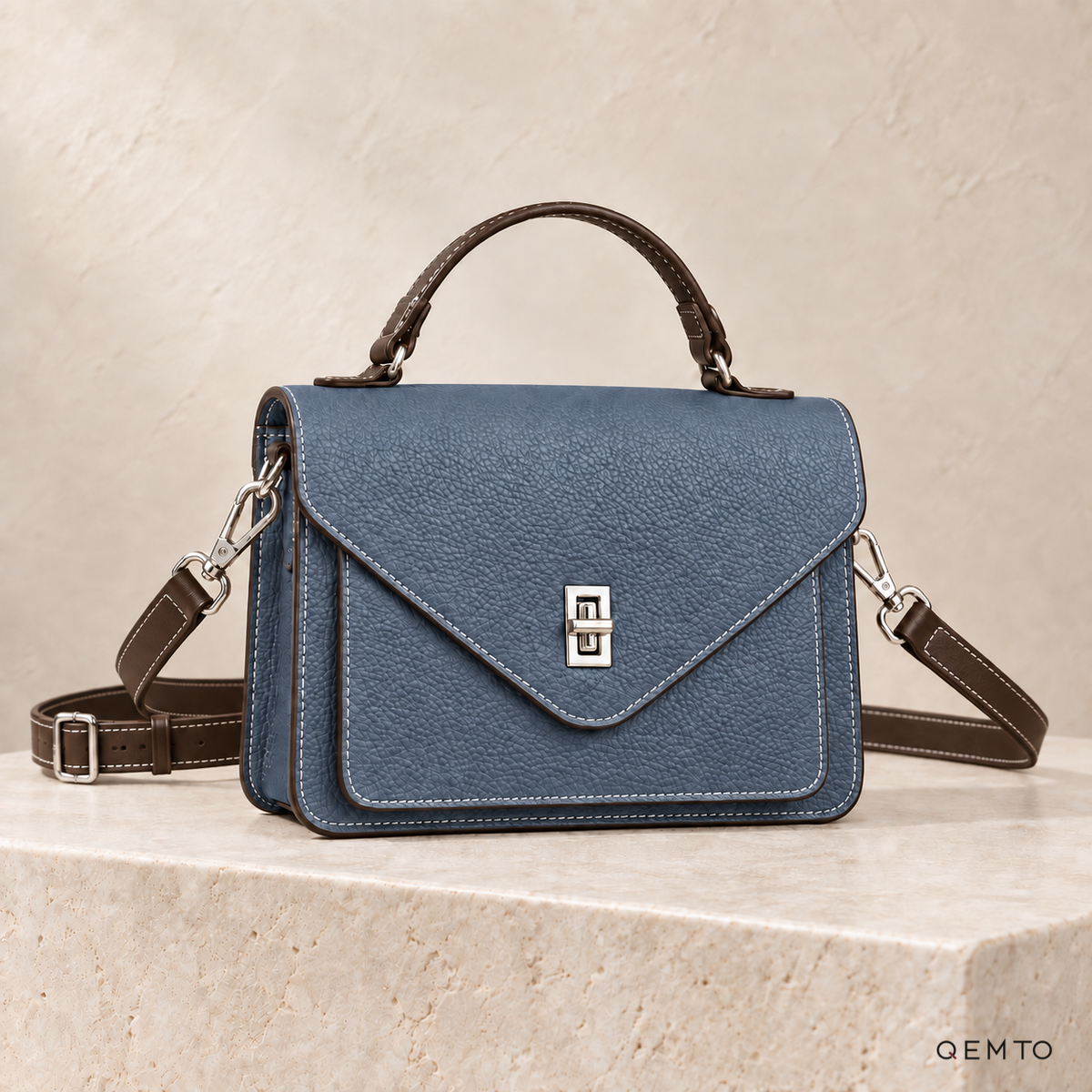 QEMTO Maya Envelope Bag in Blue full-grain cowhide leather, front view