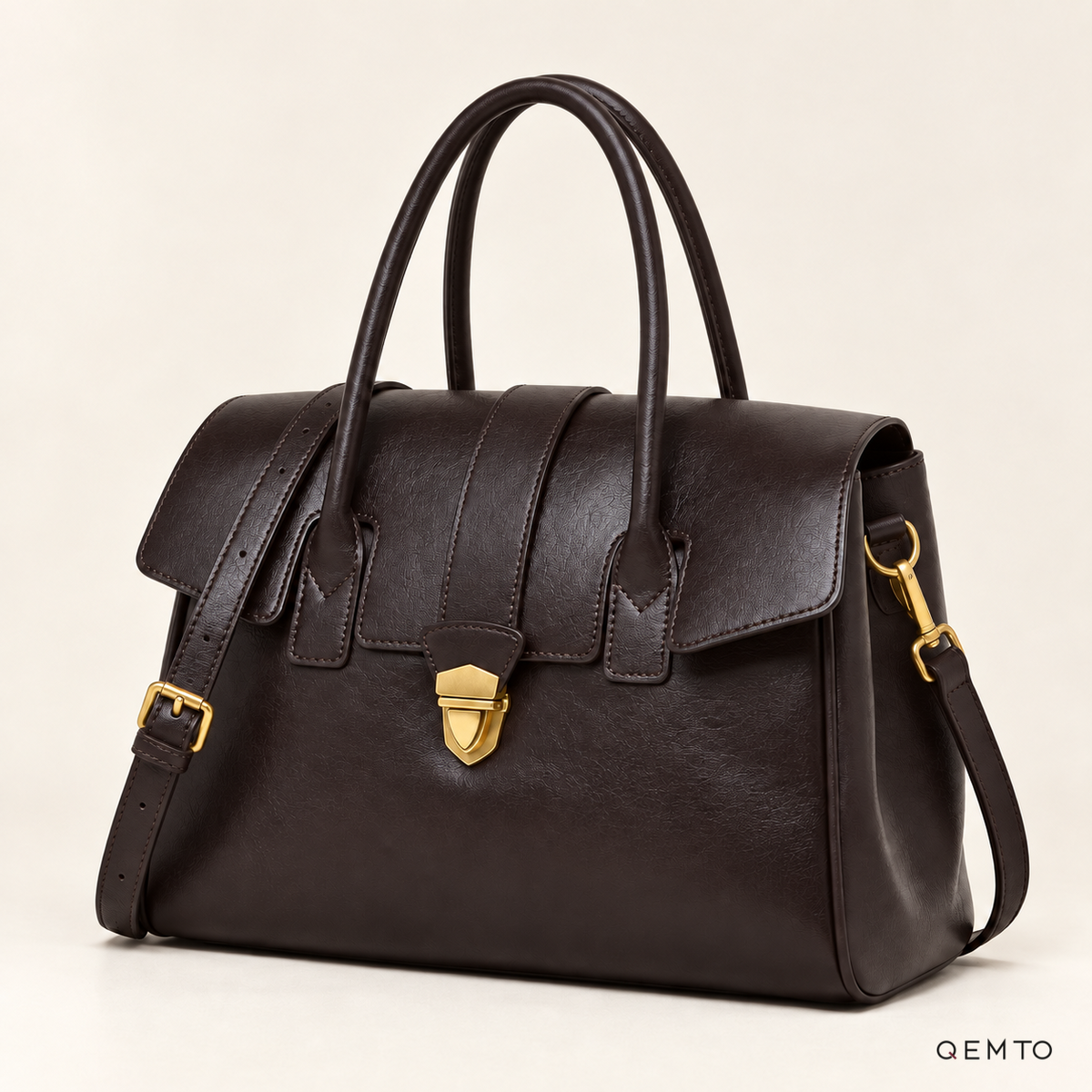 QEMTO Elise Satchel Bag in Deep Coffee leather, studio shot