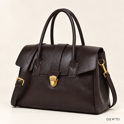 QEMTO Elise Satchel Bag in Deep Coffee leather, studio shot