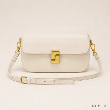 QEMTO Livia shoulder bag in ivory split leather with gold-tone push-lock clasp