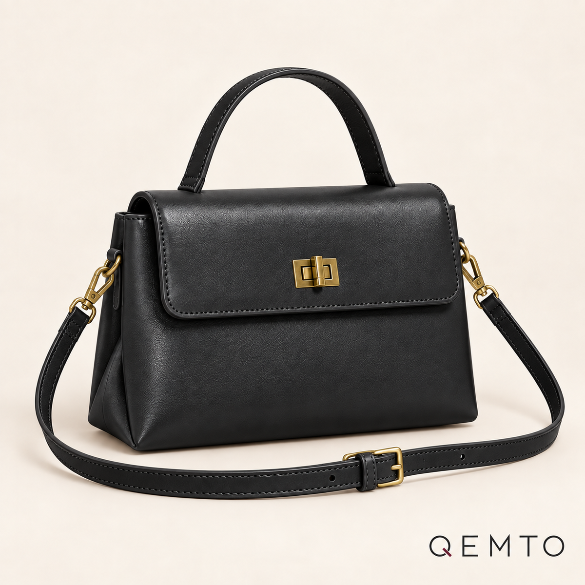 QEMTO Vera Top-Handle Bag in black leather — front product view