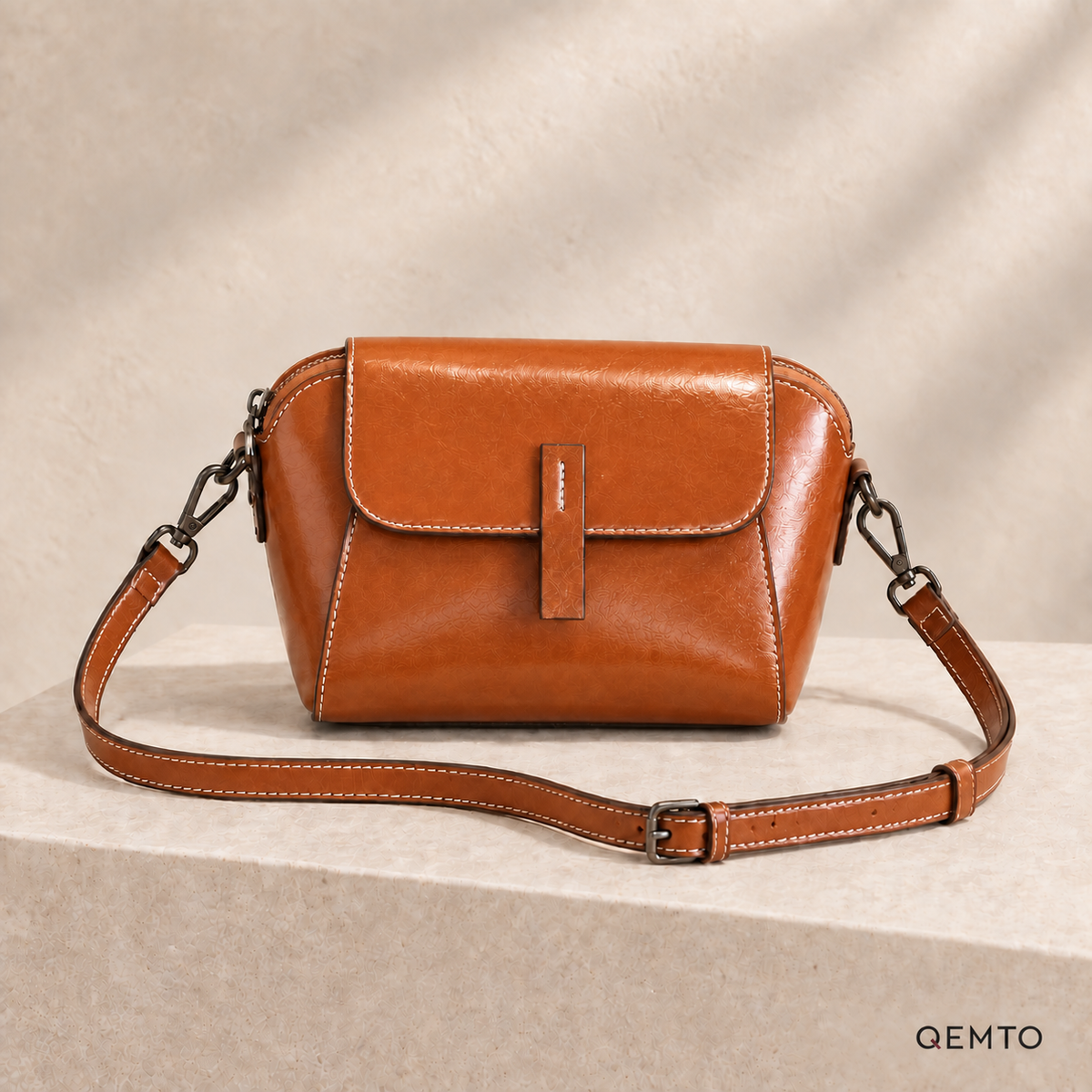 QEMTO Nora Crossbody Bag in Brown — front product view