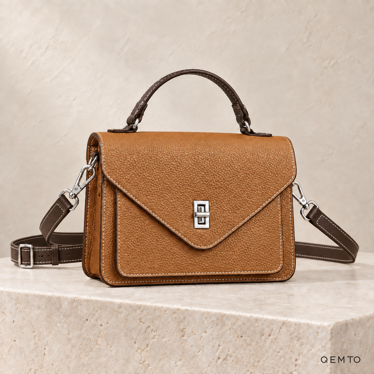 QEMTO Maya Envelope Bag in Brown full-grain cowhide leather, front view