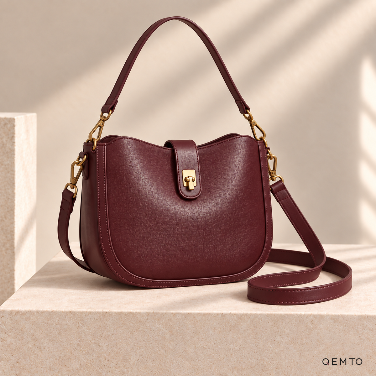 QEMTO Isla Hobo Bag in Burgundy leather