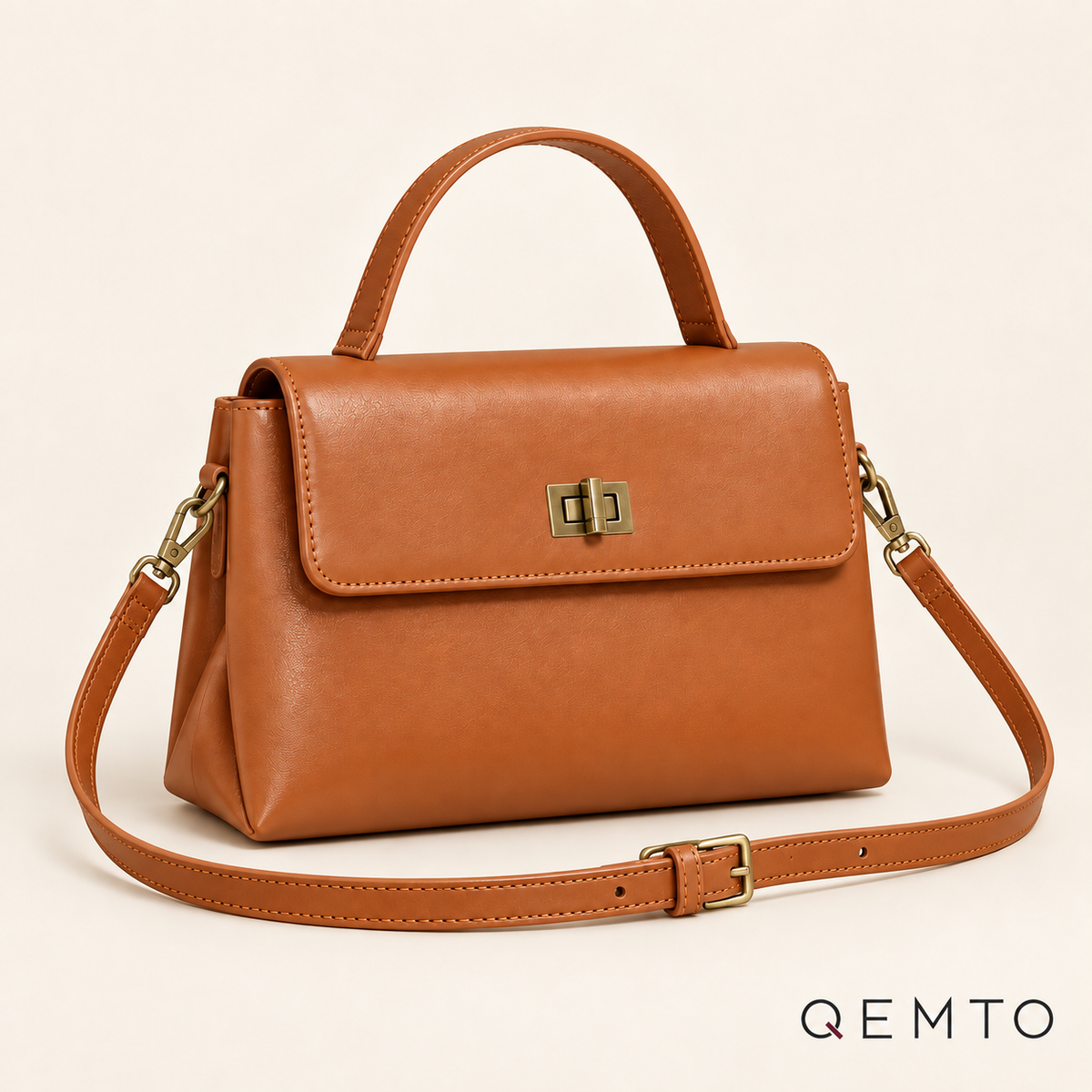QEMTO Vera Top-Handle Bag in brown leather — front product view