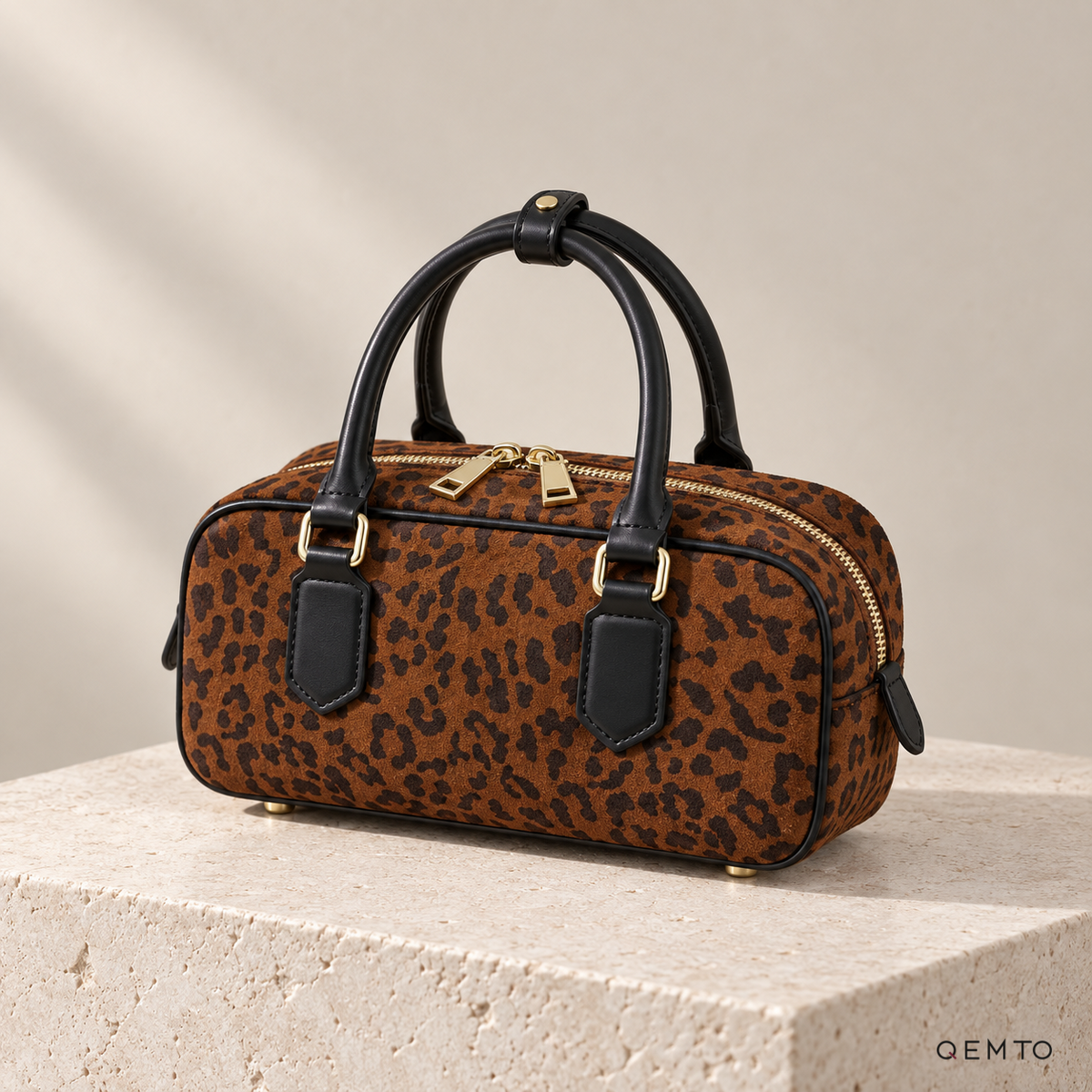 QEMTO Romy Bowling Bag in Leopard Print, studio shot