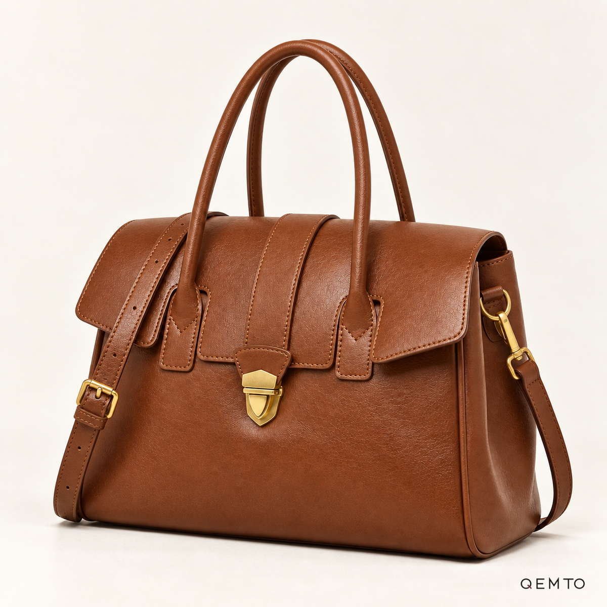 QEMTO Elise Satchel Bag in Light Brown leather, studio shot