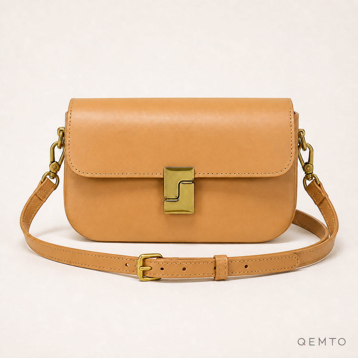 QEMTO Livia shoulder bag in tan split leather with gold-tone push-lock clasp
