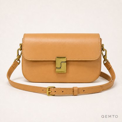 QEMTO Livia shoulder bag in tan split leather with gold-tone push-lock clasp