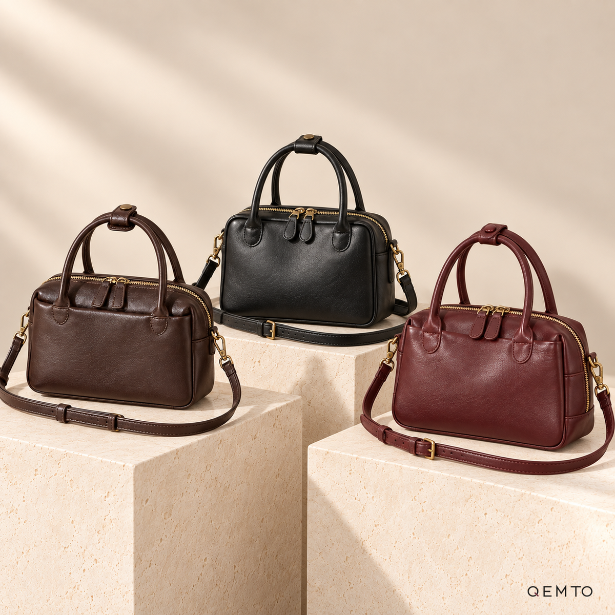 QEMTO Talia Boston Bag color lineup - Coffee, Burgundy, and Black