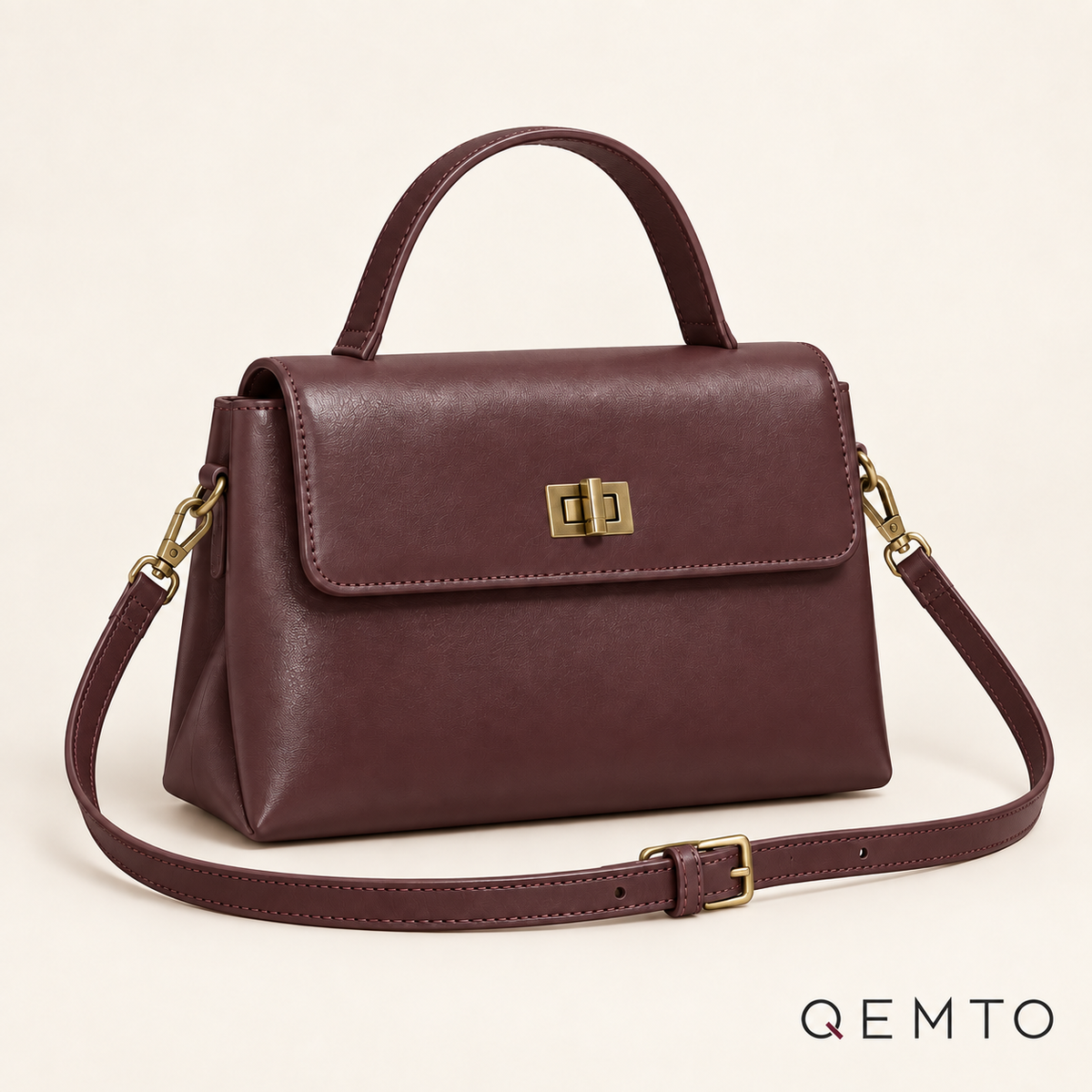 QEMTO Vera Top-Handle Bag in burgundy leather — front product view