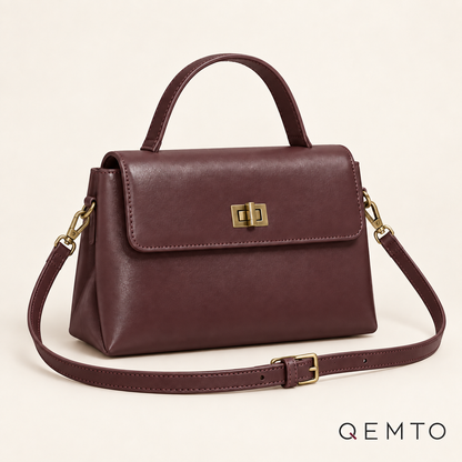 QEMTO Vera Top-Handle Bag in burgundy leather — front product view