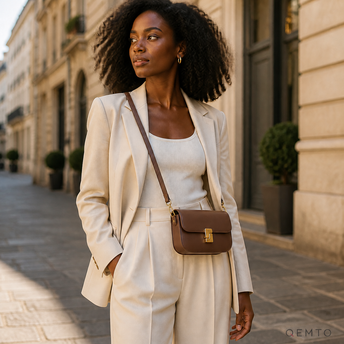 Woman in a cream suit wearing the QEMTO Livia coffee shoulder bag crossbody on a city street