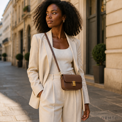Woman in a cream suit wearing the QEMTO Livia coffee shoulder bag crossbody on a city street