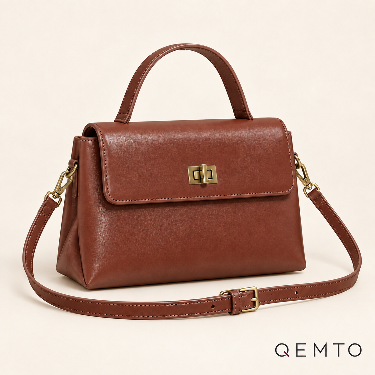 QEMTO Vera Top-Handle Bag in coffee leather — front product view