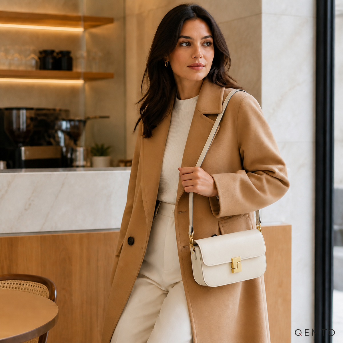 QEMTO Livia ivory shoulder bag worn crossbody in an everyday look