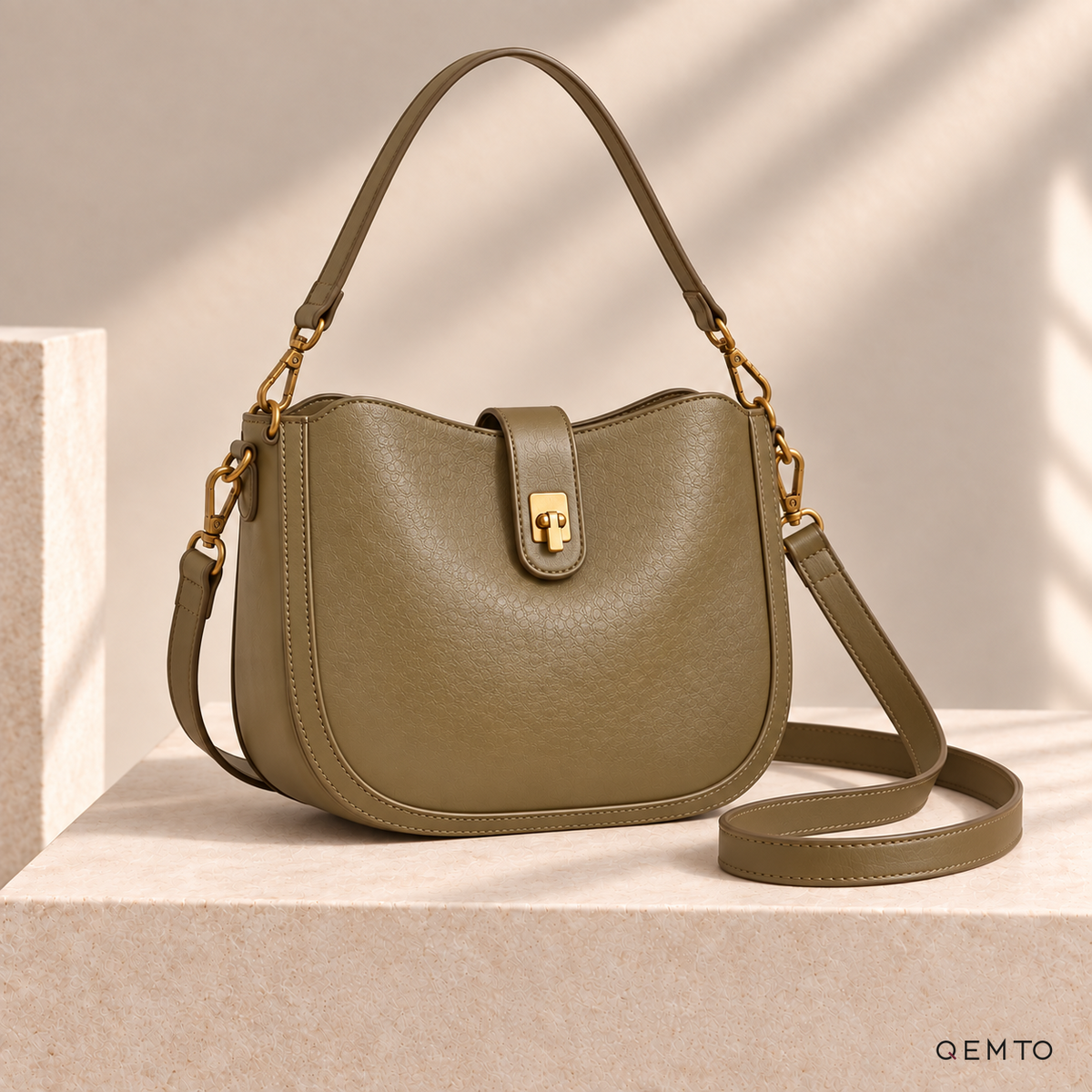 QEMTO Isla Hobo Bag in Olive leather