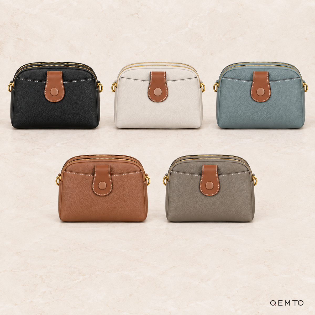 QEMTO Ivy Camera Bag in all five colors: Black, Blue, Brown, Grey, White