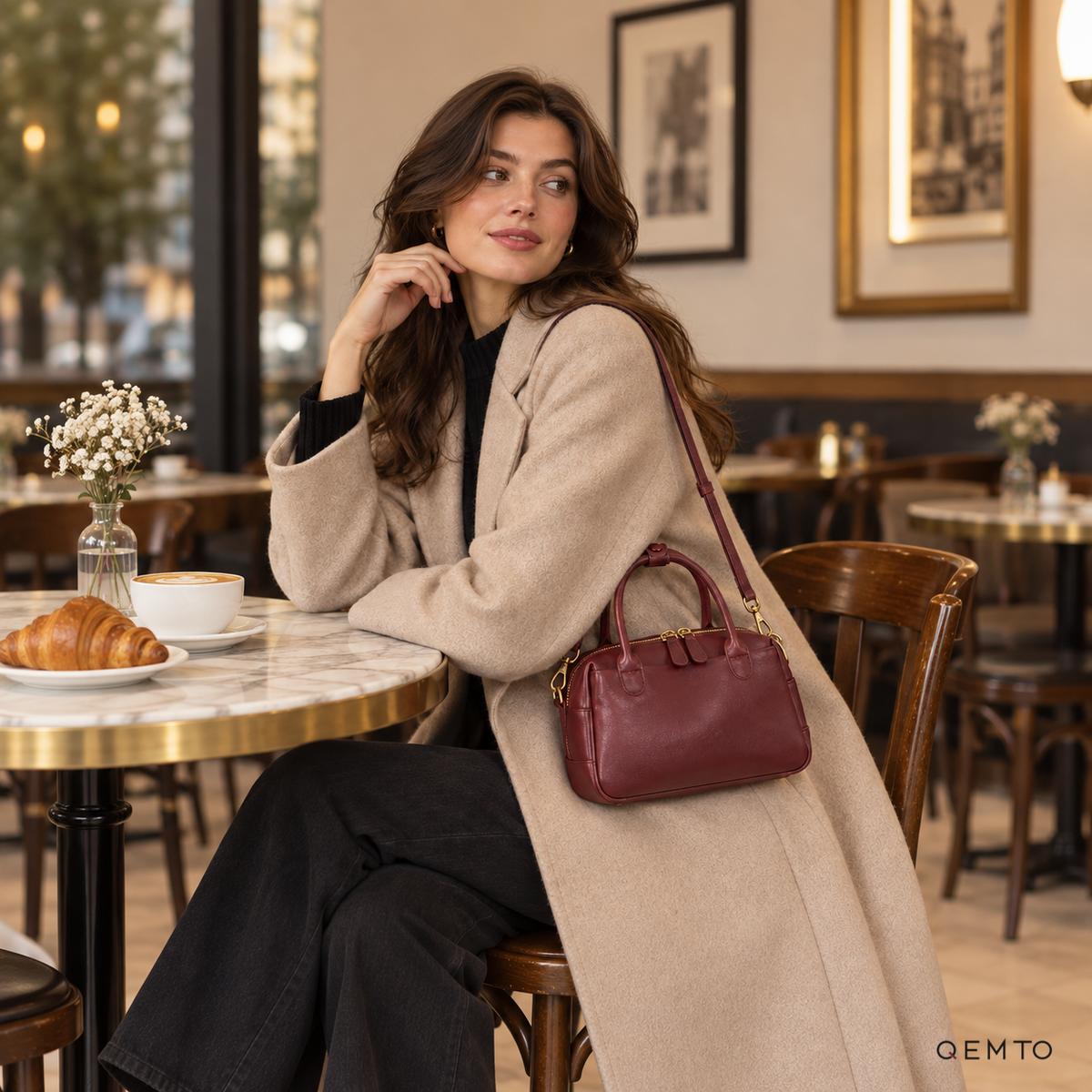 QEMTO Talia Boston Bag in Burgundy full-grain cowhide leather, lifestyle shot