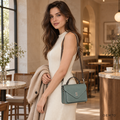 QEMTO Maya Envelope Bag in Green leather, worn by a model