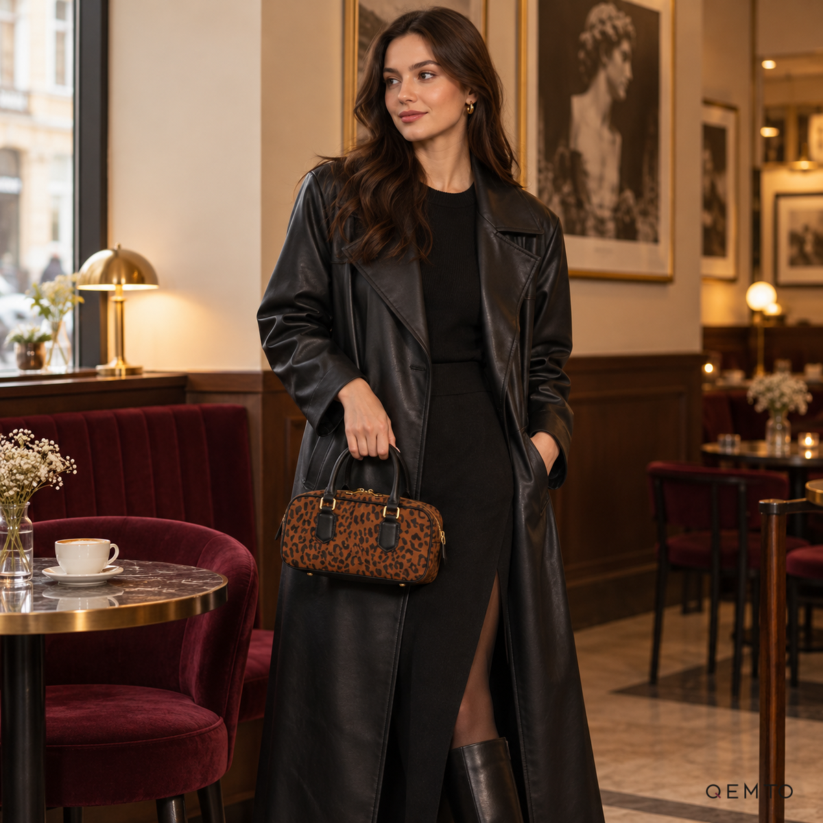 QEMTO Romy Bowling Bag in Leopard Print, worn by a model