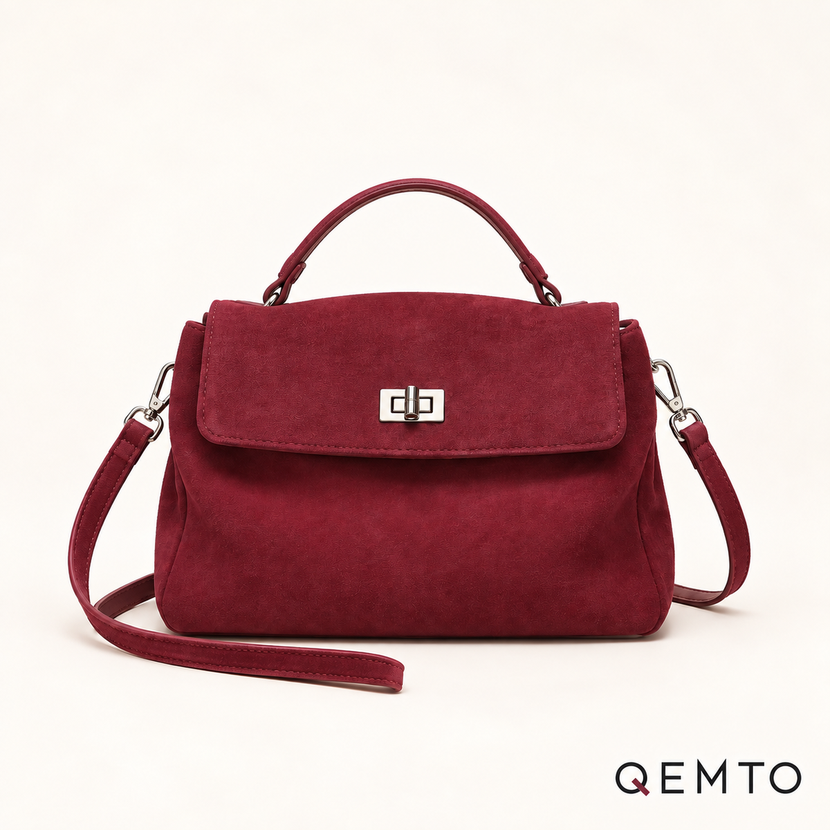 QEMTO Vera Top-Handle Bag in red suede — front product view
