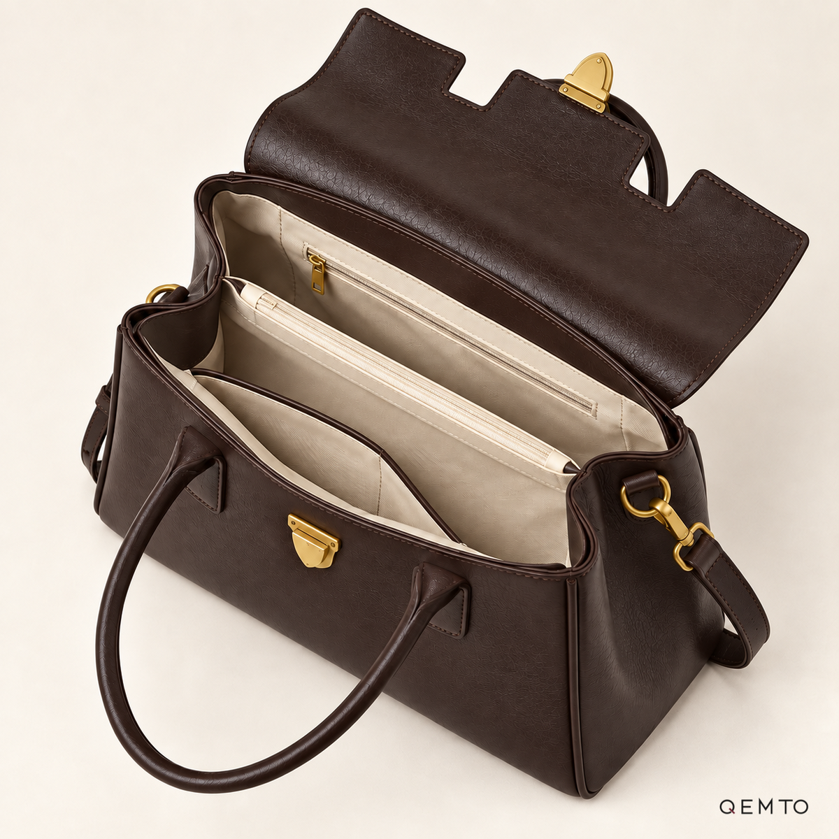 QEMTO Elise Satchel Bag interior, cream lining with dual compartments and phone pocket