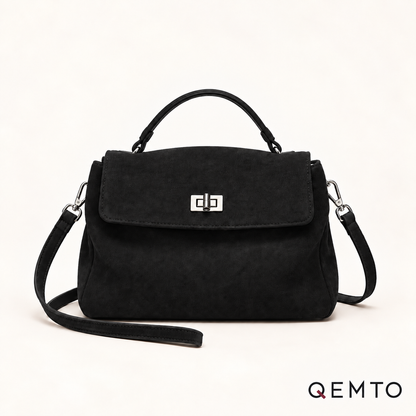 QEMTO Vera Top-Handle Bag in black suede — front product view