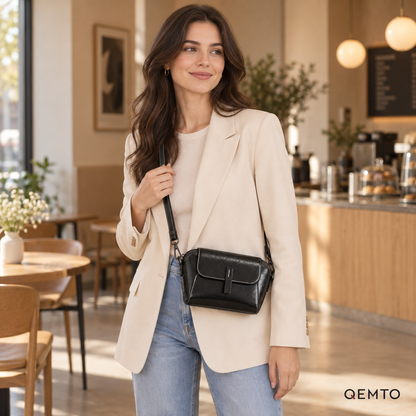 QEMTO Nora Crossbody Bag in Black worn crossbody by a model at a cafe