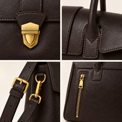 QEMTO Elise Satchel Bag hardware and leather detail, gold-tone twist-lock closure