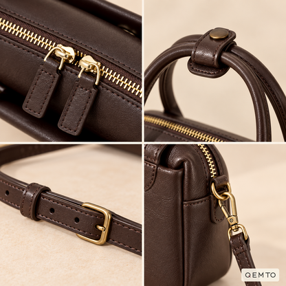 QEMTO Talia Boston Bag hardware and stitching detail, gold-tone fittings
