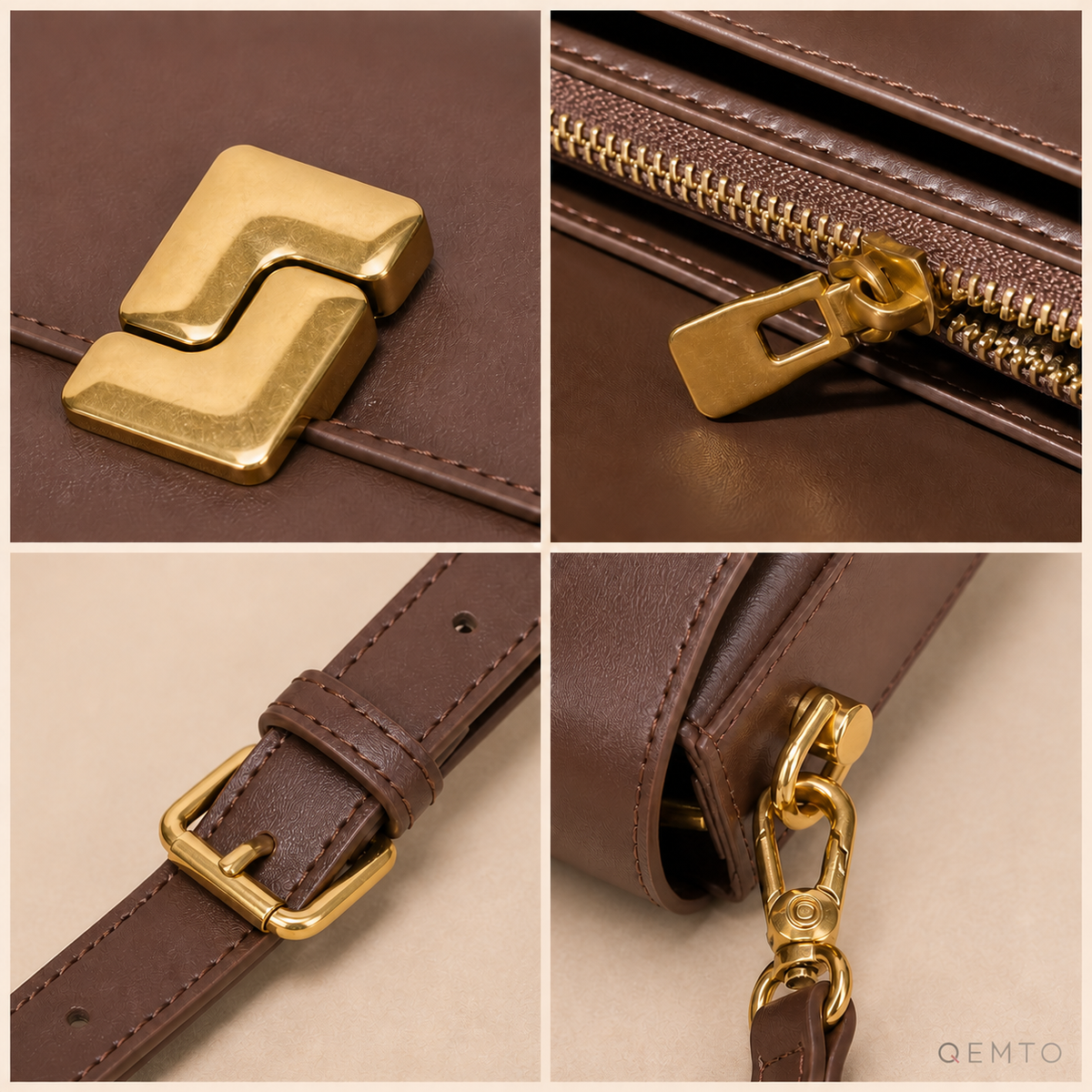 Close-up details of the QEMTO Livia: gold-tone push-lock clasp, zip pocket, strap buckle and swivel clip