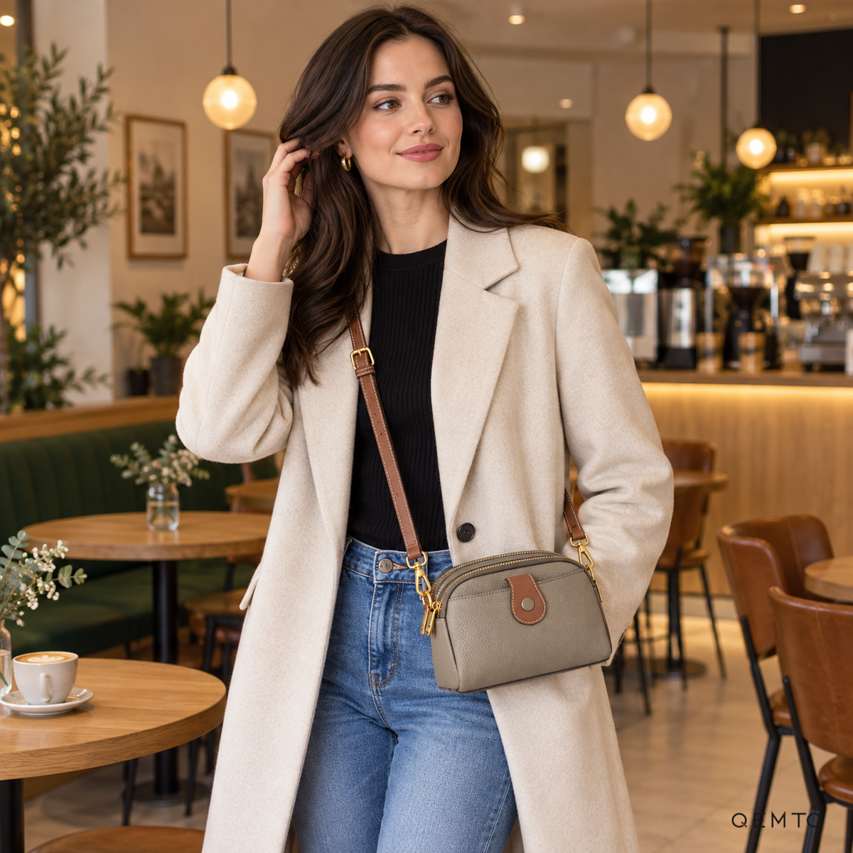 QEMTO Ivy Camera Bag in Grey, worn crossbody by a model
