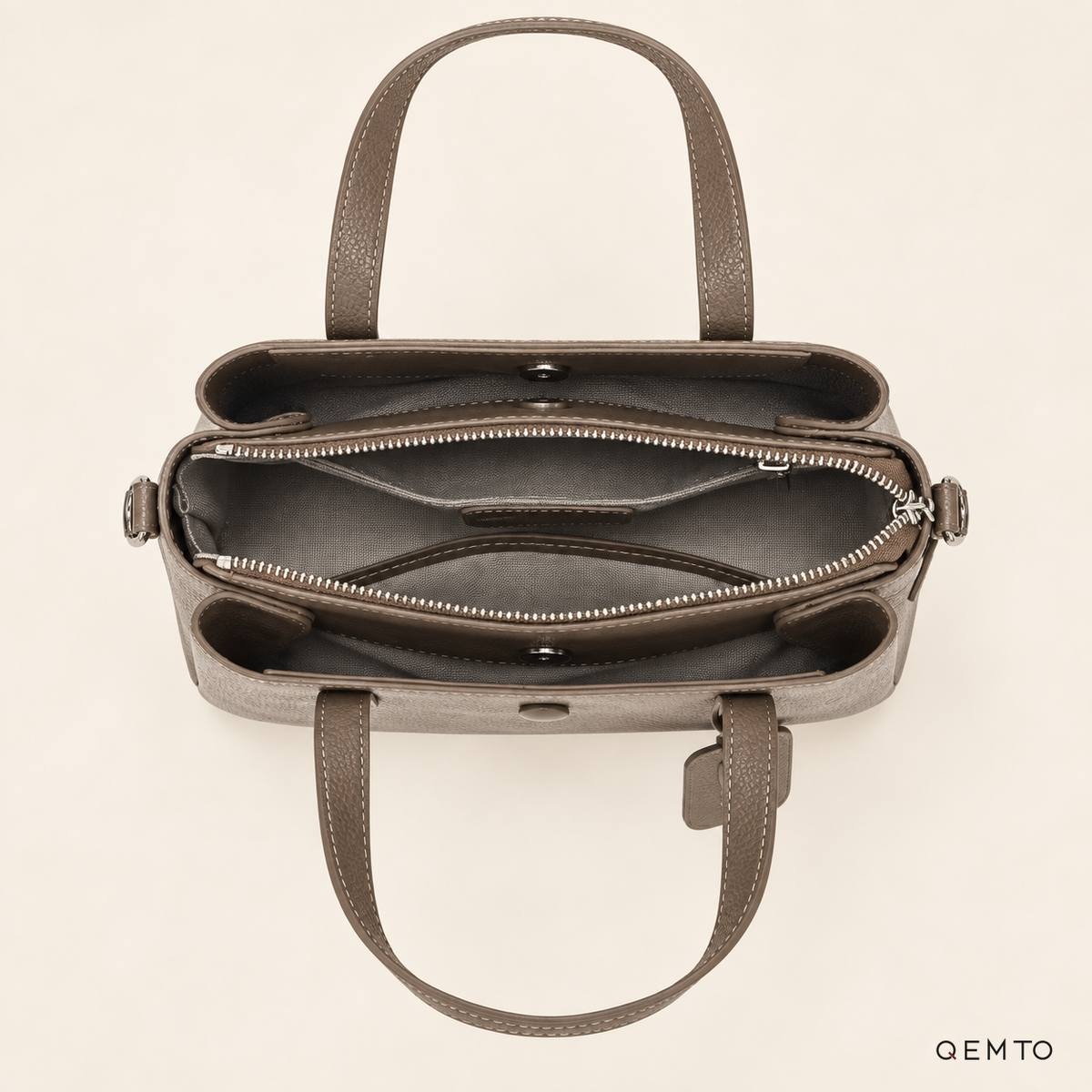 QEMTO Nadia Tote Bag interior in Mushroom leather