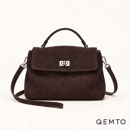 QEMTO Vera Top-Handle Bag in coffee suede — front product view