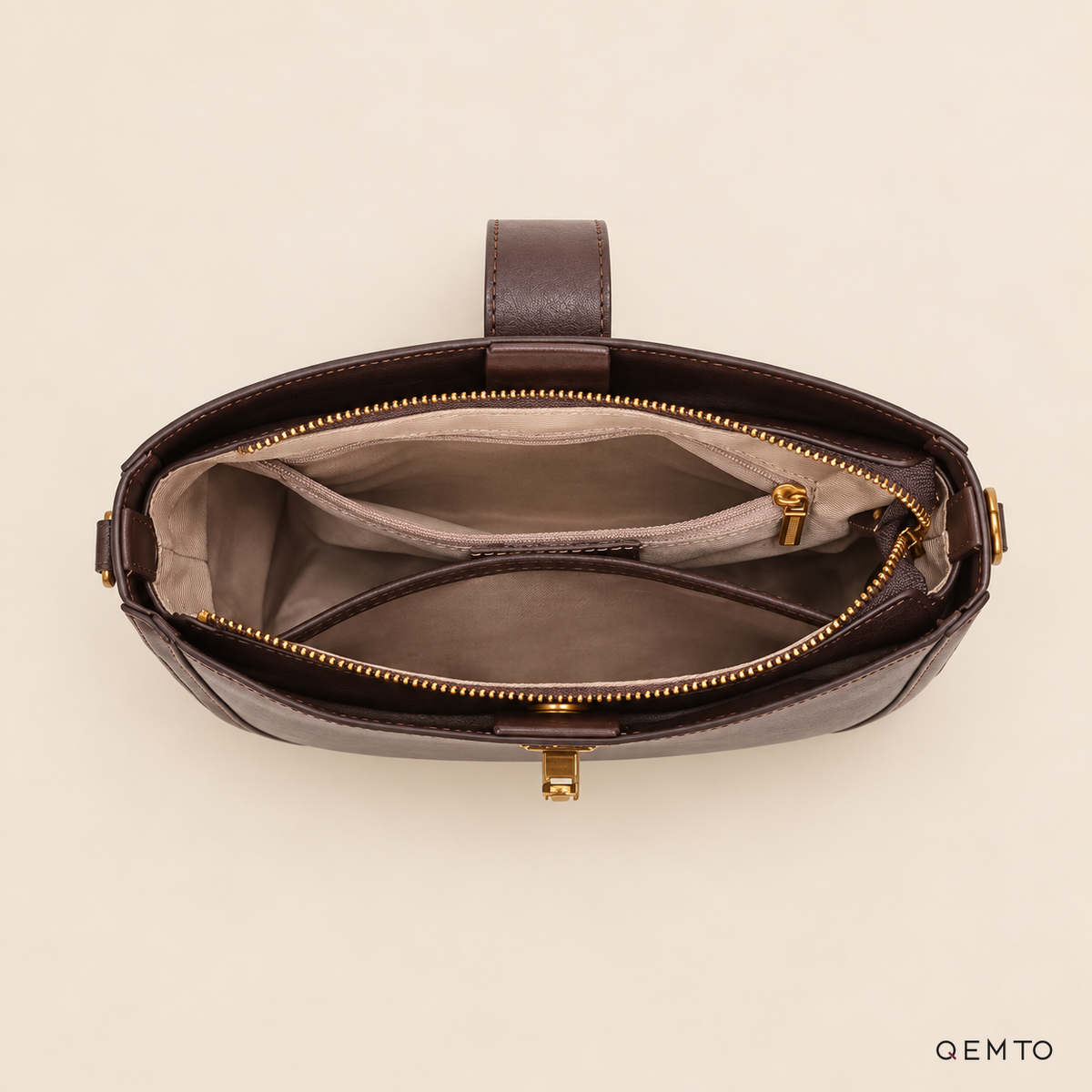 QEMTO Isla Hobo Bag interior in Coffee leather