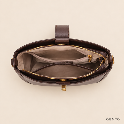 QEMTO Isla Hobo Bag interior in Coffee leather